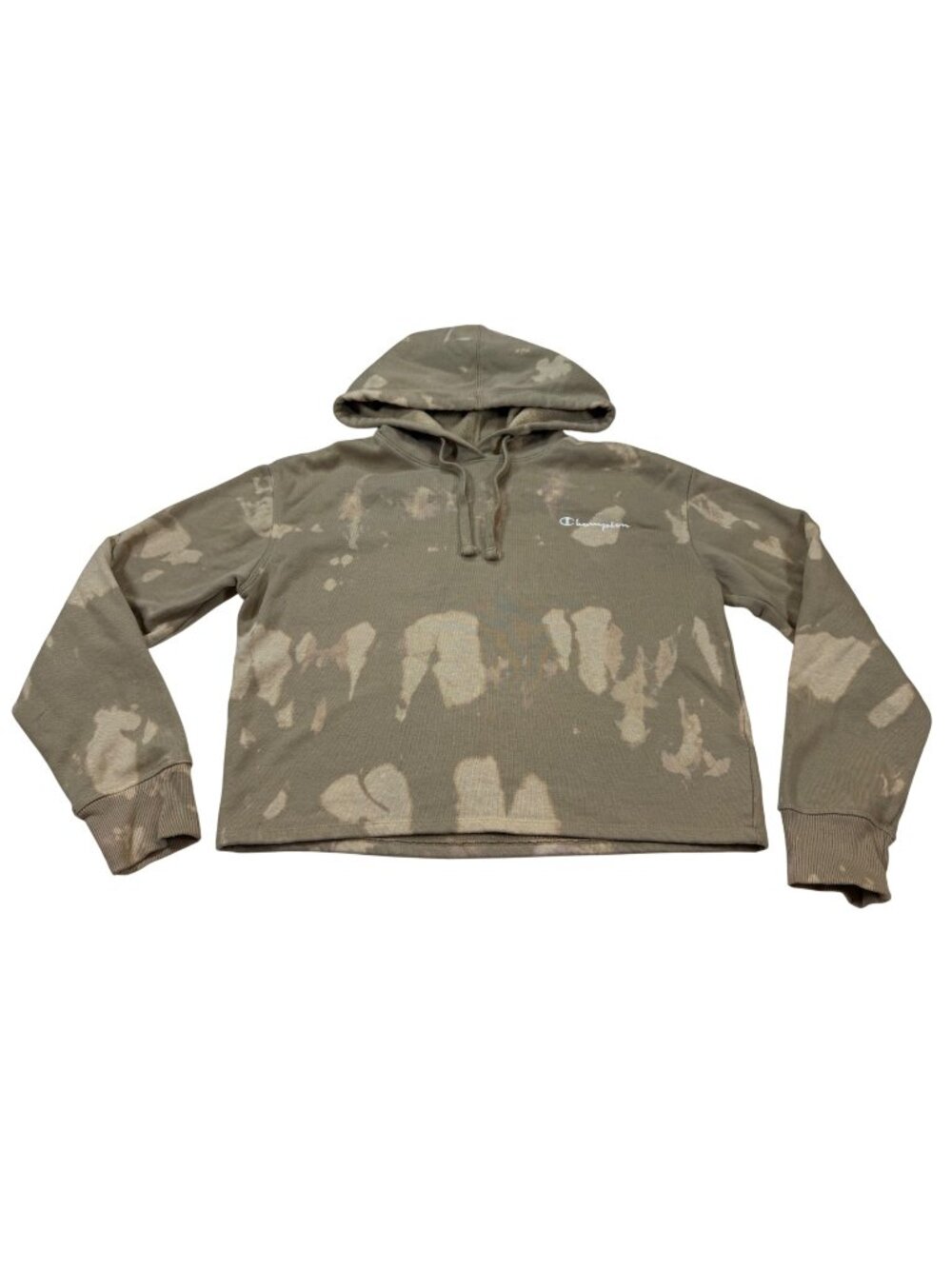Champion Hoodie cropped Small Olive Brown Tie-Dye Look Pullover Ribbed (W857)